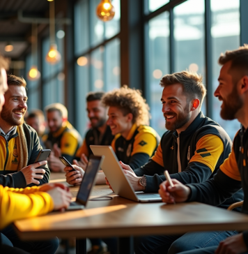 L’impact et l’influence du forum du Stade Montois dans l’univers du rugby Supporters de rugby discutant dans un café du stade