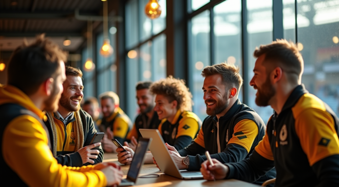 L’impact et l’influence du forum du Stade Montois dans l’univers du rugby Supporters de rugby discutant dans un café du stade