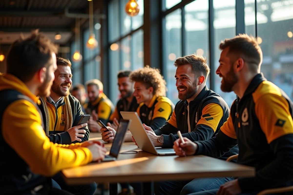 Supporters de rugby discutant dans un café du stade