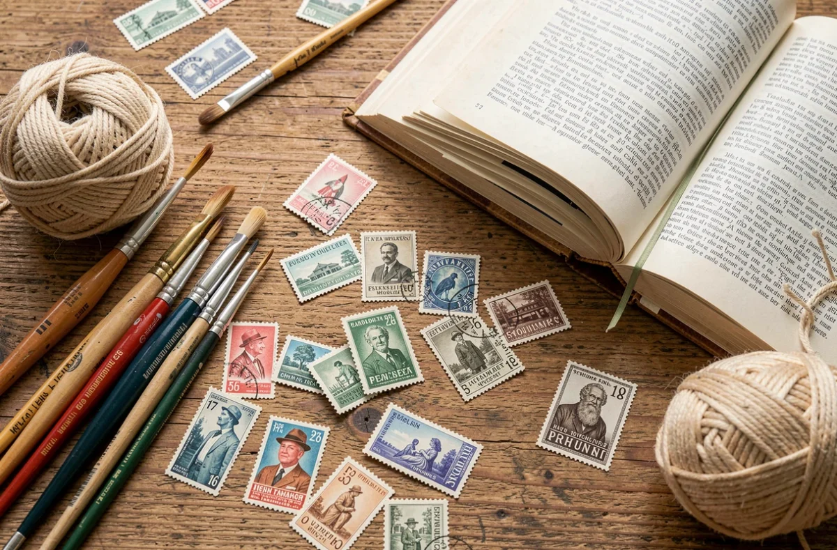 Table avec pinceaux, timbres, pelote de laine et livre