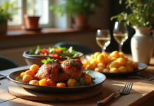 Table rustique française avec confit de canard et légumes