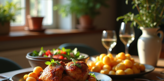 Table rustique française avec confit de canard et légumes