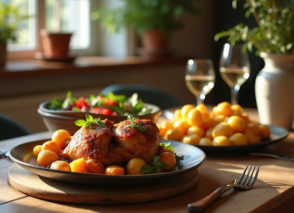 Table rustique française avec confit de canard et légumes