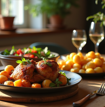 Table rustique française avec confit de canard et légumes