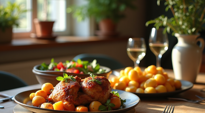 Table rustique française avec confit de canard et légumes