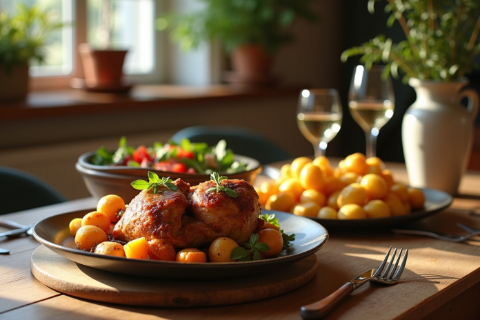 table-rustique-confit-de-canard Table rustique française avec confit de canard et légumes