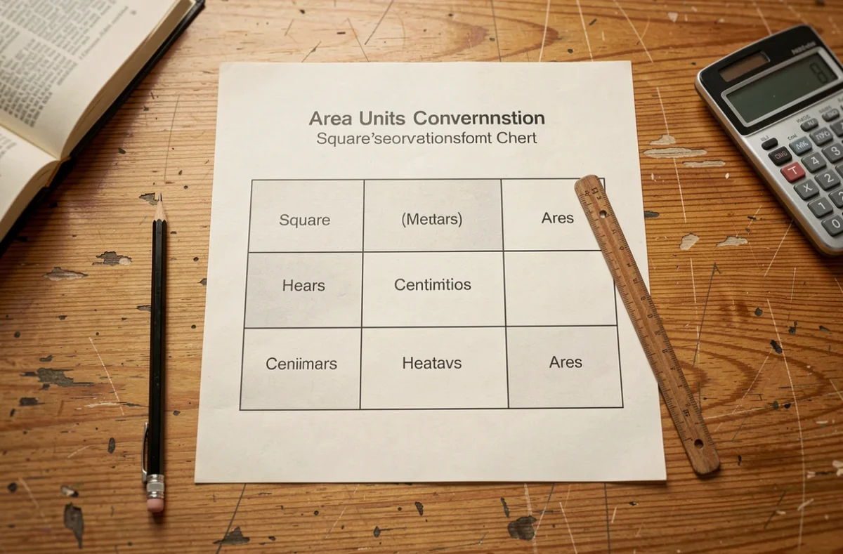 Tableau de conversion des unités d'aire posé sur une table en bois avec règle et calculatrice