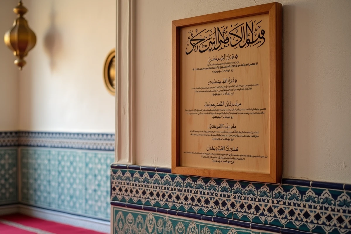 Tableau des horaires de prière en arabe et français affiché dans une mosquée de Marseille, montrant les variations quotidiennes des cinq prières
