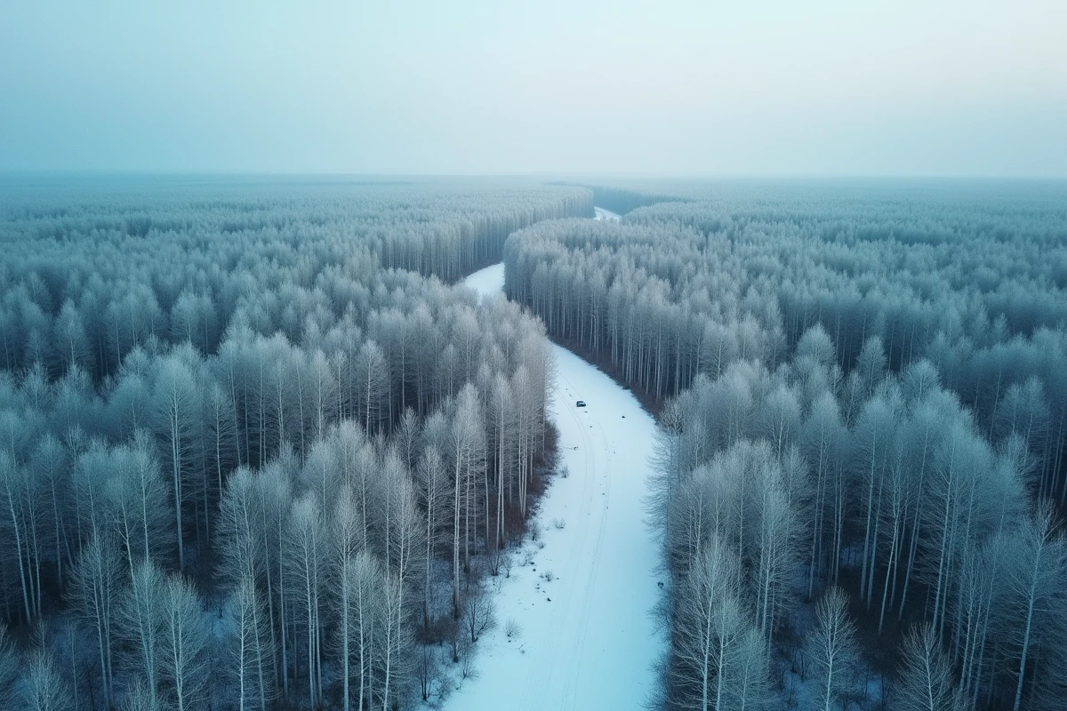 Vue aérienne de la taïga sibérienne illustrant l'immensité du territoire russe, le plus grand pays du monde