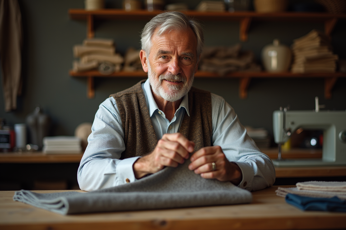 Tailleur expérimenté tient un échantillon de tissu dans son atelier