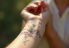 Bras d'une femme avec tatouage floral délicat en extérieur