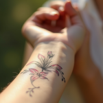 Bras d'une femme avec tatouage floral délicat en extérieur