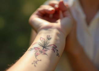 Bras d'une femme avec tatouage floral délicat en extérieur