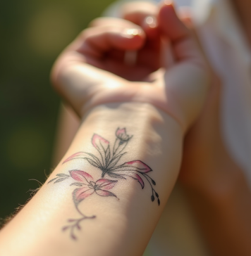 Bras d'une femme avec tatouage floral délicat en extérieur
