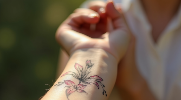 Bras d'une femme avec tatouage floral délicat en extérieur