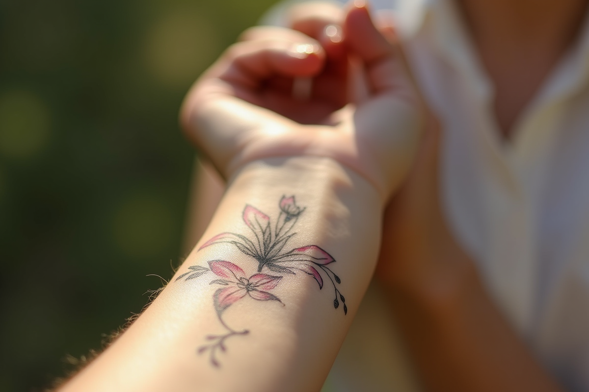 Bras d'une femme avec tatouage floral délicat en extérieur