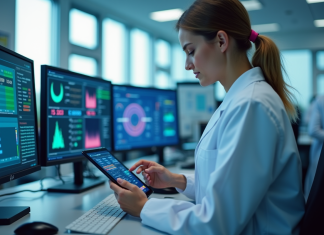 Pourquoi digitaliser la gestion de la dosimétrie en laboratoire ? Technicien en laboratoire utilisant une tablette pour la dosimetrie