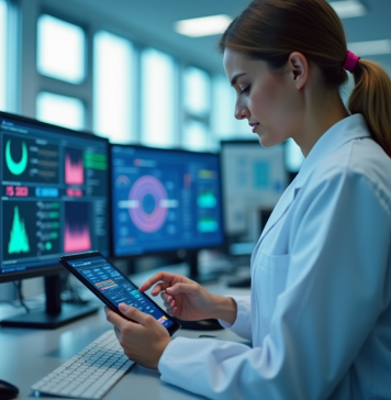 Technicien en laboratoire utilisant une tablette pour la dosimetrie