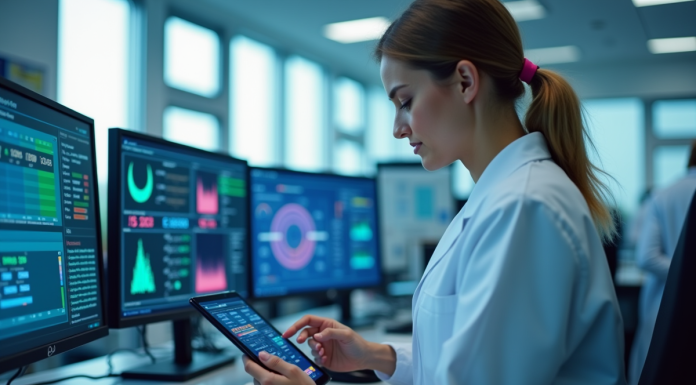 Pourquoi digitaliser la gestion de la dosimétrie en laboratoire ? Technicien en laboratoire utilisant une tablette pour la dosimetrie