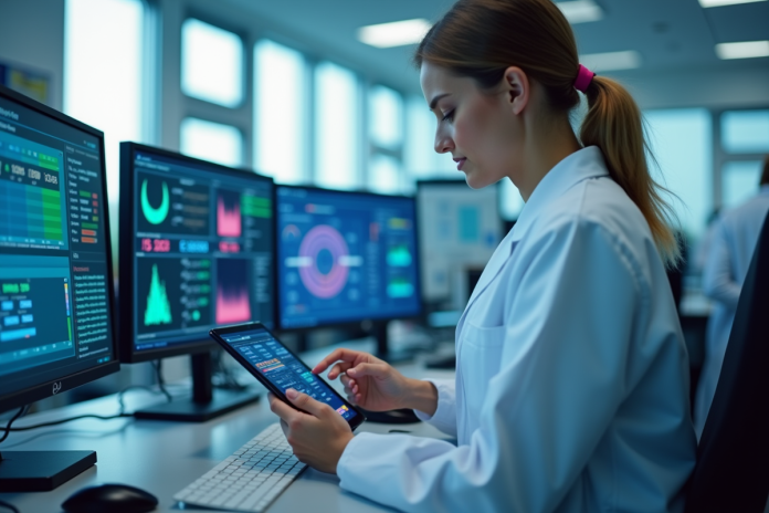 technicien-laboratoire-tablette-dosimetrie Technicien en laboratoire utilisant une tablette pour la dosimetrie