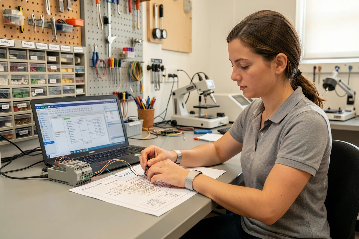 Technicienne en automatisme câblant un relais temporisé multifonction à son établi avec schéma électrique et interface de programmation