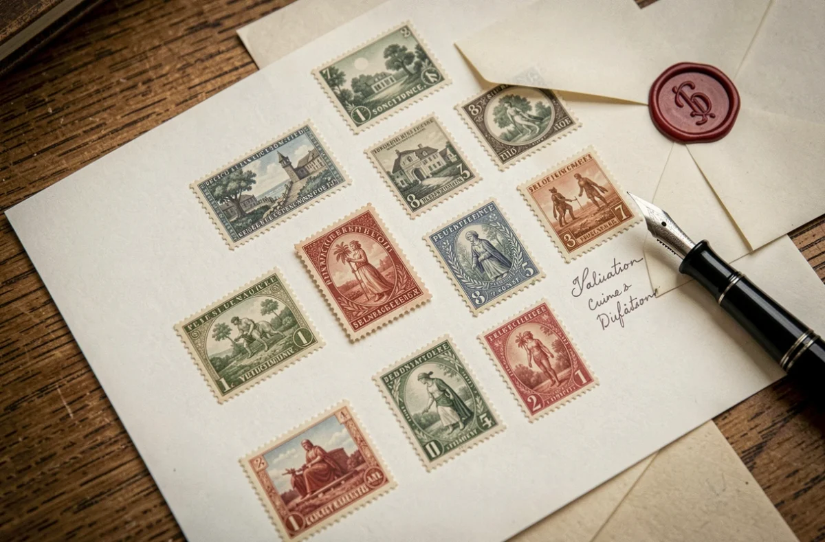 Vue aérienne de timbres rares français disposés sur un mat d'archivage blanc avec une note d'estimation manuscrite et un stylo plume