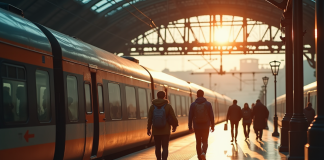 Train moderne en gare ensoleillee avec voyageurs partant