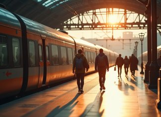 Train moderne en gare ensoleillee avec voyageurs partant