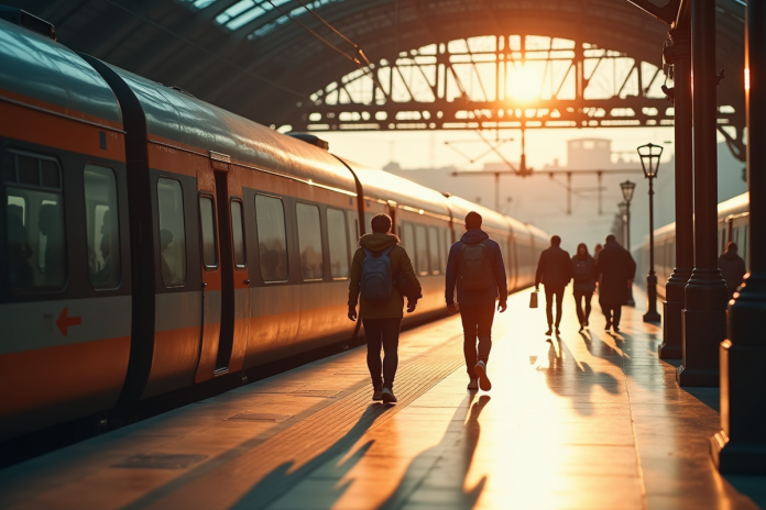 Train moderne en gare ensoleillee avec voyageurs partant