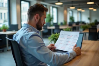 Salarié travaillant un jour férié dans un bureau vide à Paris, consultant un calendrier avec des dates encerclées en rouge