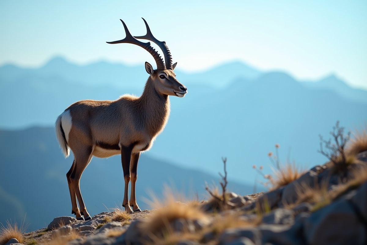 Urial sauvage sur une colline rocheuse au lever du soleil