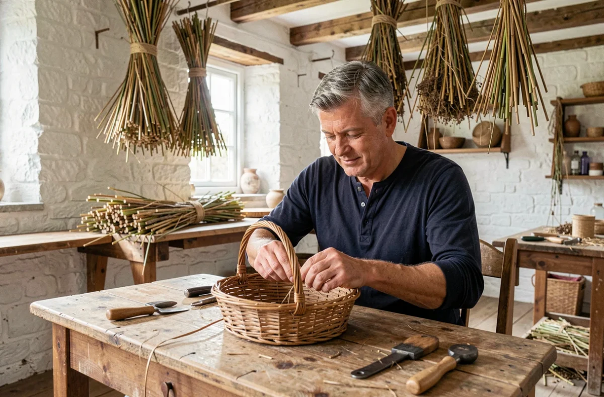Homme adulte pratiquant la vannerie artisanale dans un atelier de campagne, travaux manuels créatifs tendance bien-être 2026