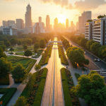 Urbanisme : les caractéristiques d’une ville bien pensée Vue aérienne d'une ville moderne verte et durable au coucher du soleil