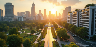 Vue aérienne d'une ville moderne verte et durable au coucher du soleil