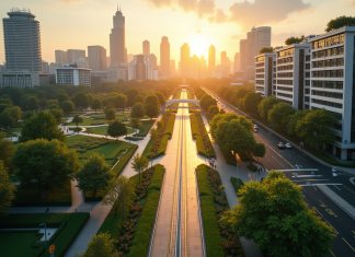Vue aérienne d'une ville moderne verte et durable au coucher du soleil