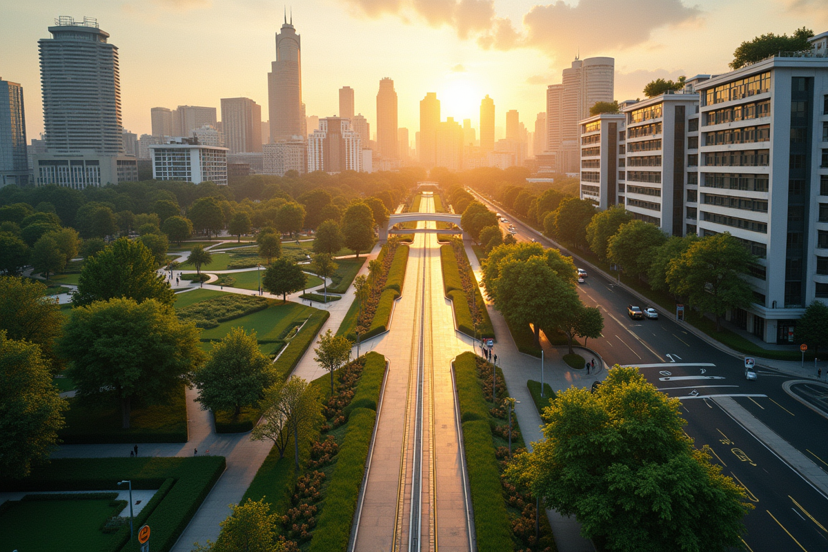Vue aérienne d'une ville moderne verte et durable au coucher du soleil