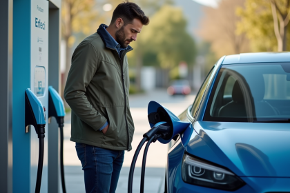 Homme inspectant une voiture hydrogene au station de recharge