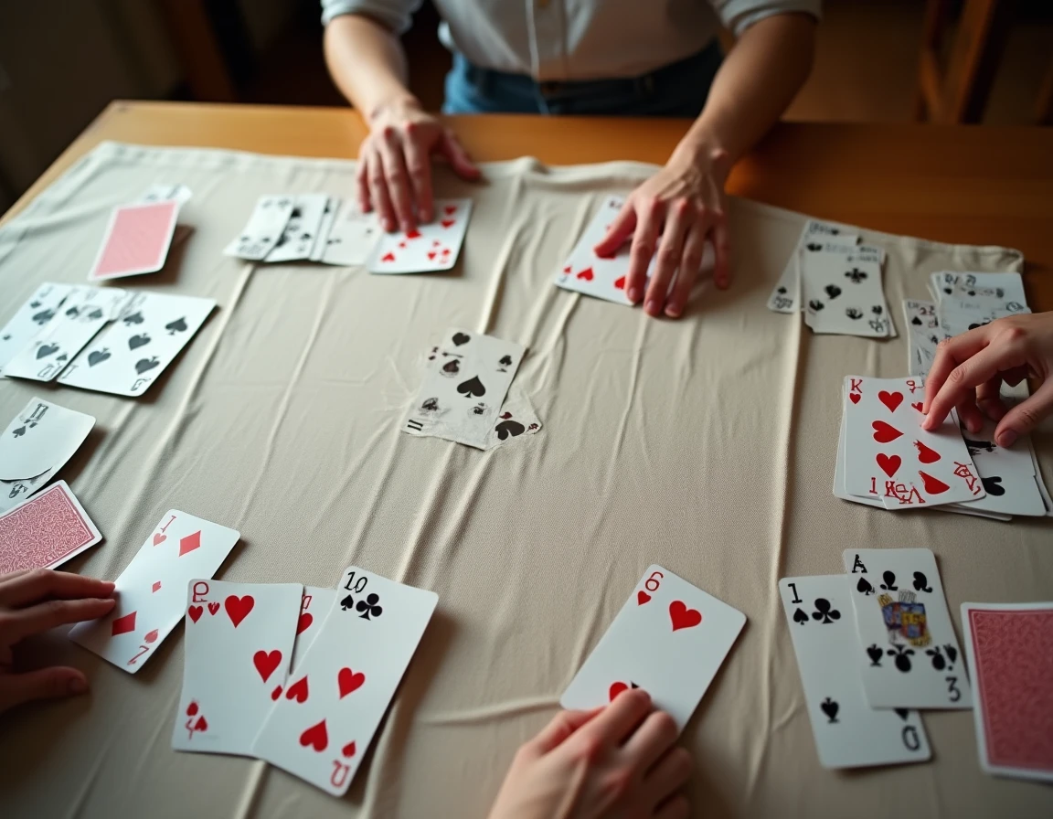 Vue aérienne rapprochée d'une partie de crapette avec les cartes disposées en deux solitaires face à face sur une nappe en lin